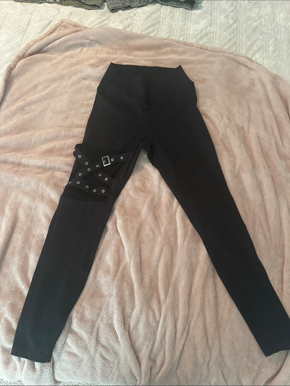 Black Women's High-Waist Leggings with Buckle Detail